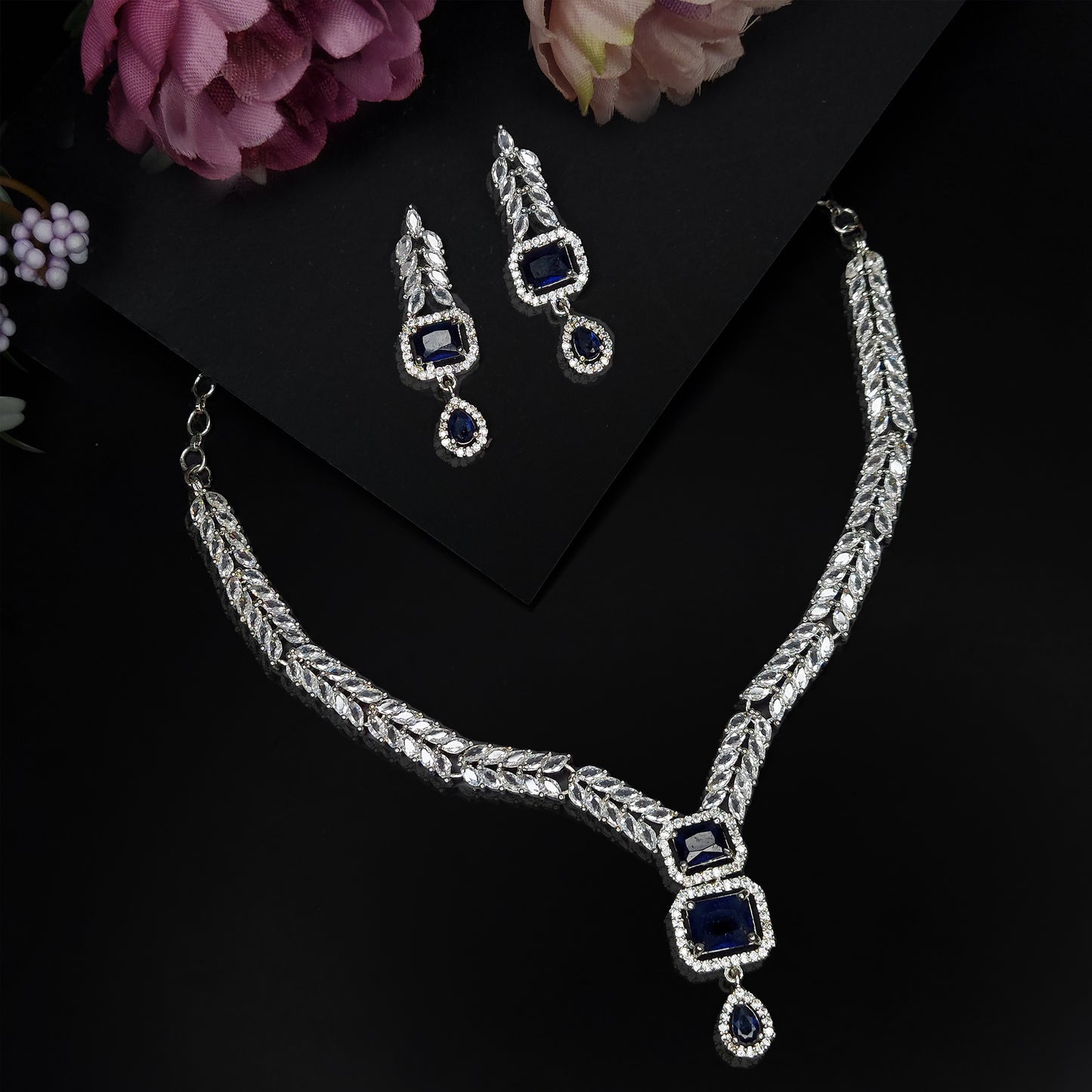 Rhodium Plated Stunning American Diamond Studded Necklace with Earring Jewellery Set