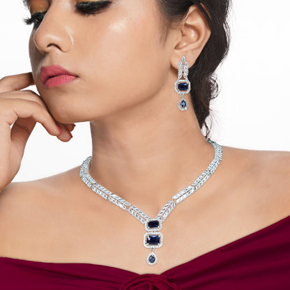 Rhodium Plated Stunning American Diamond Studded Necklace with Earring Jewellery Set