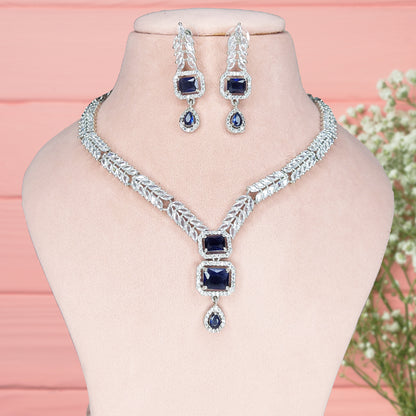 Rhodium Plated Stunning American Diamond Studded Necklace with Earring Jewellery Set