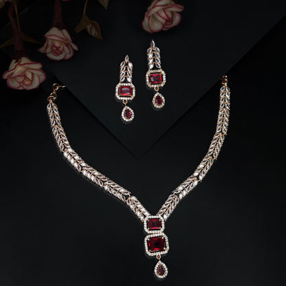 Rose Gold Plated Stunning American Diamond Studded Necklace with Earring Jewellery Set