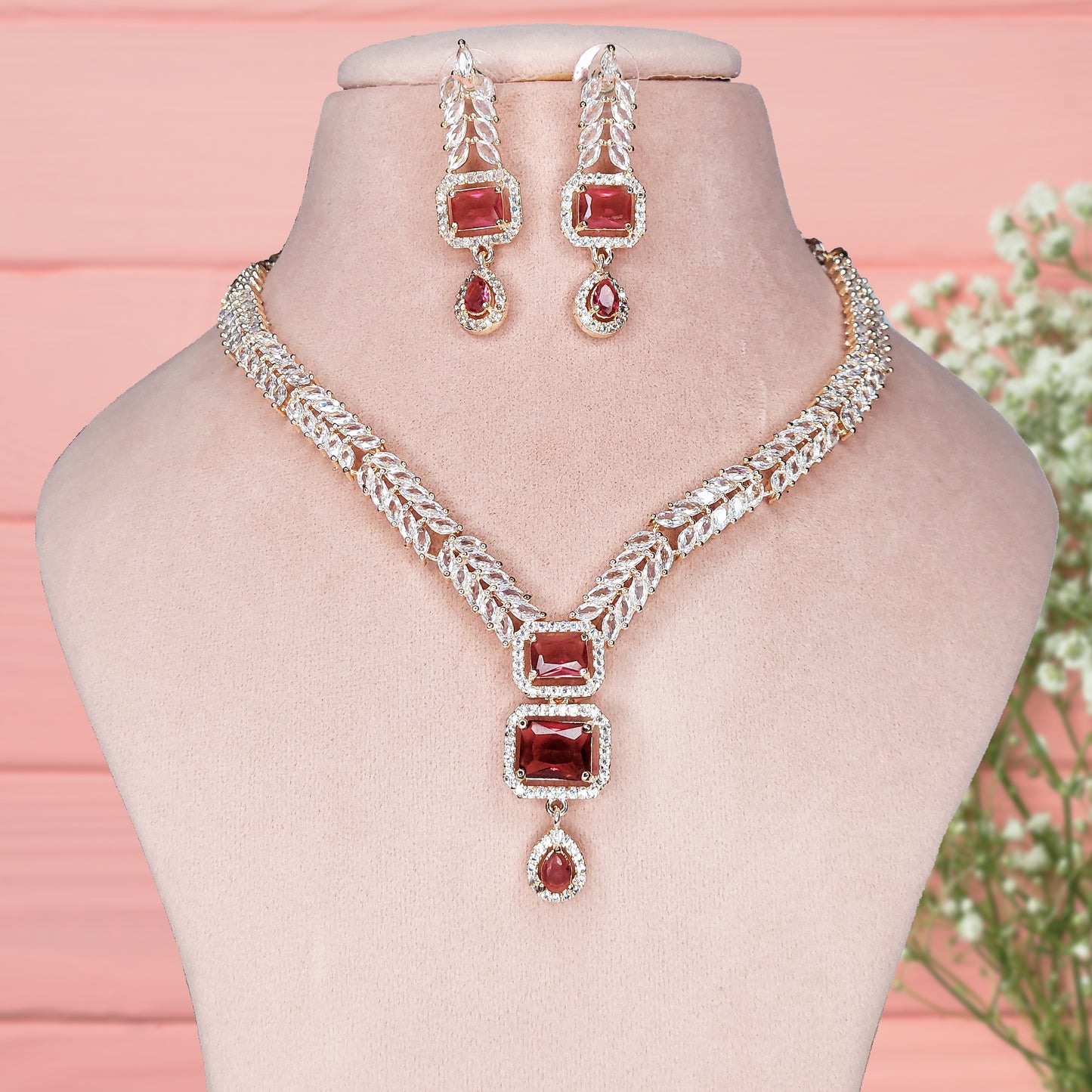 Rose Gold Plated Stunning American Diamond Studded Necklace with Earring Jewellery Set