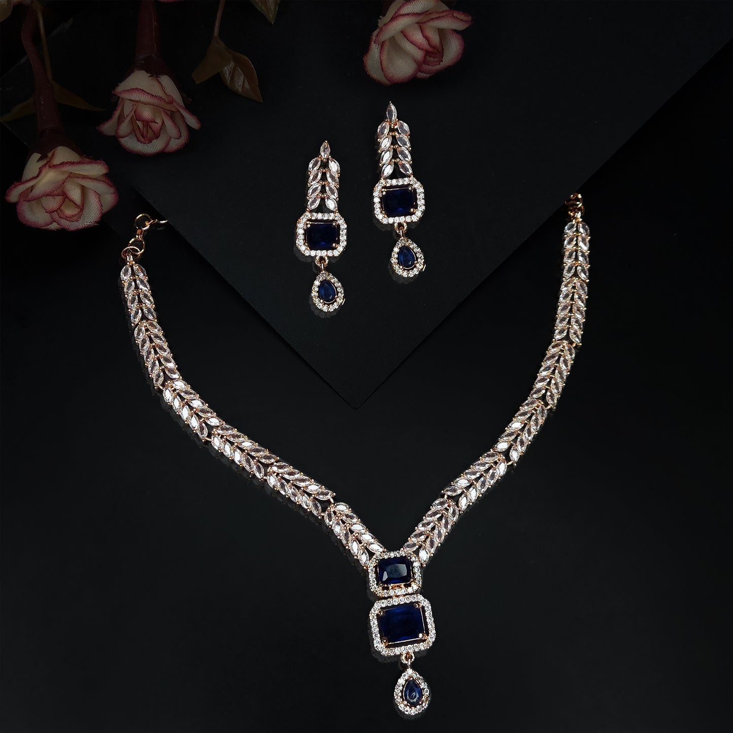 Rose Gold Plated Stunning American Diamond Studded Necklace with Earring Jewellery Set