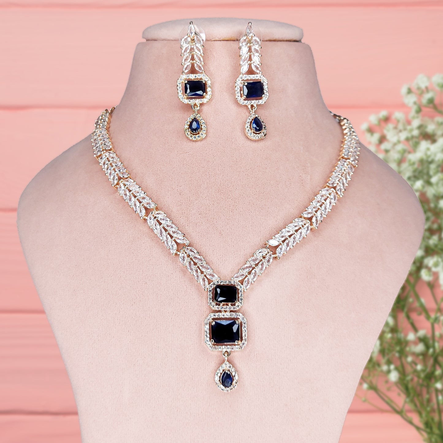 Rose Gold Plated Stunning American Diamond Studded Necklace with Earring Jewellery Set