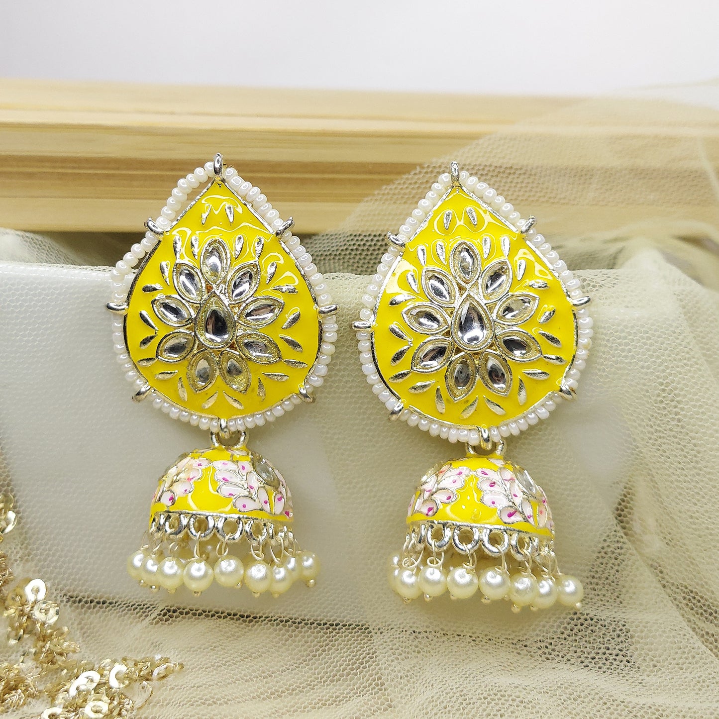 Dangler Kundan Meenakari Work Leaf Shaped Jhumka Earrings with Pearl Hangings