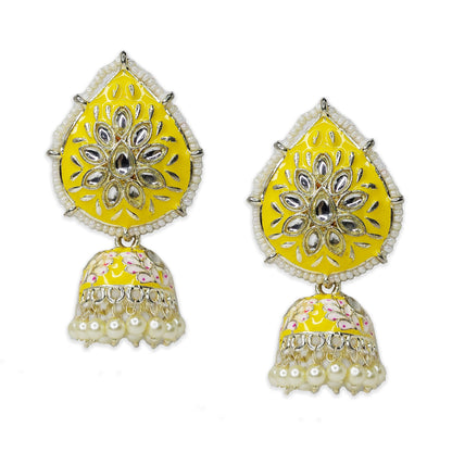 Dangler Kundan Meenakari Work Leaf Shaped Jhumka Earrings with Pearl Hangings