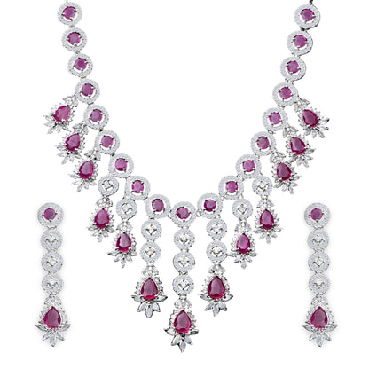 Rhodium Plated Silver Toned Waterfall American Diamond Studded Necklace with Earring Jewellery Set