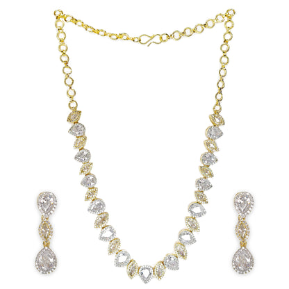 Gold Plated Elegant American Diamond Studded Leaf Shaped Necklace with Earring Jewellery Set