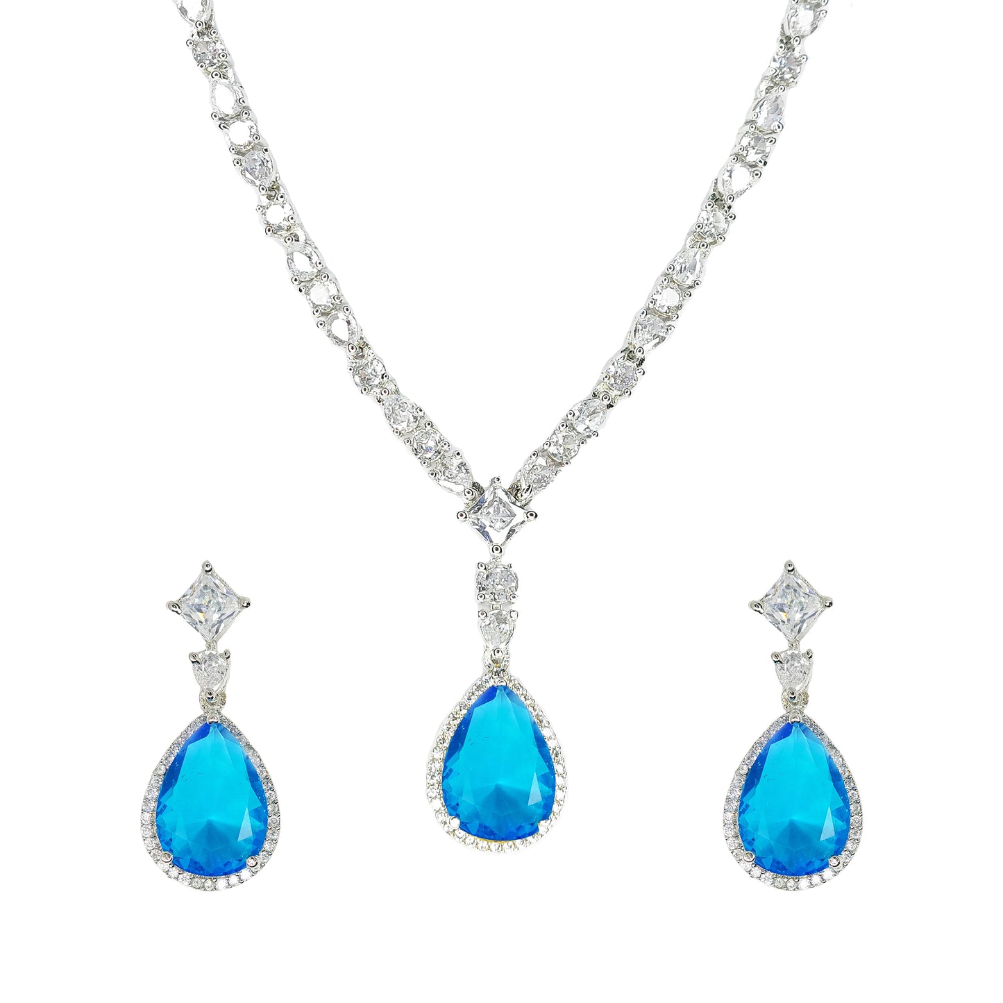 Rhodium Plated Designer American Diamond Studded Pendant Necklace with Earring Jewellery Set