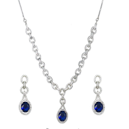 Rhodium Plated Silver Toned American Diamond Studded Necklace with Earring Jewellery Set