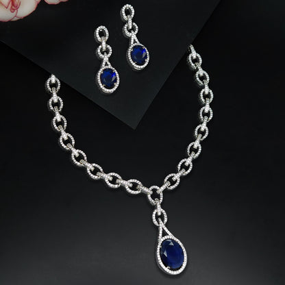 Rhodium Plated Silver Toned American Diamond Studded Necklace with Earring Jewellery Set