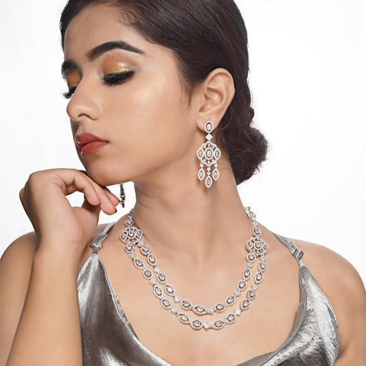 Rhodium Plated Silver Toned Stunning Layered American Diamond Studded Necklace with Earring Jewellery Set