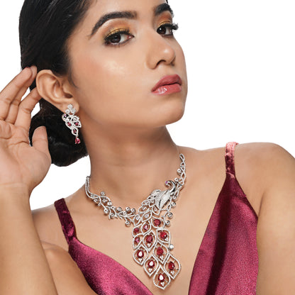 Rhodium Plated Silver Toned Exquisite Peacock American Diamond Studded Necklace with Earring Jewellery Set