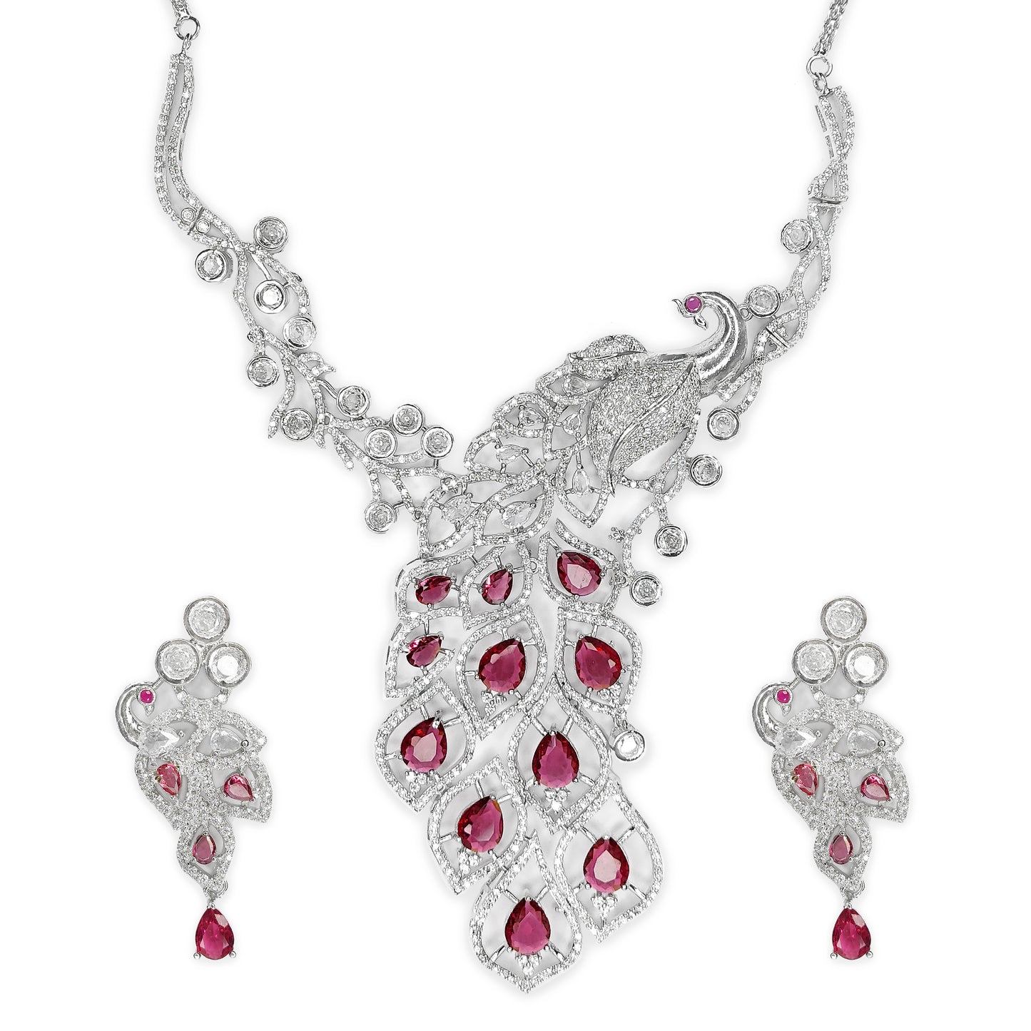 Rhodium Plated Silver Toned Exquisite Peacock American Diamond Studded Necklace with Earring Jewellery Set