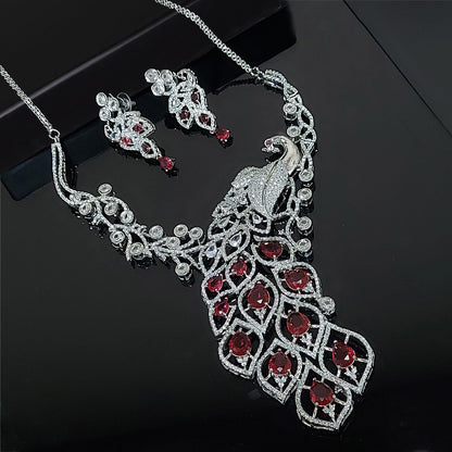 Rhodium Plated Silver Toned Exquisite Peacock American Diamond Studded Necklace with Earring Jewellery Set