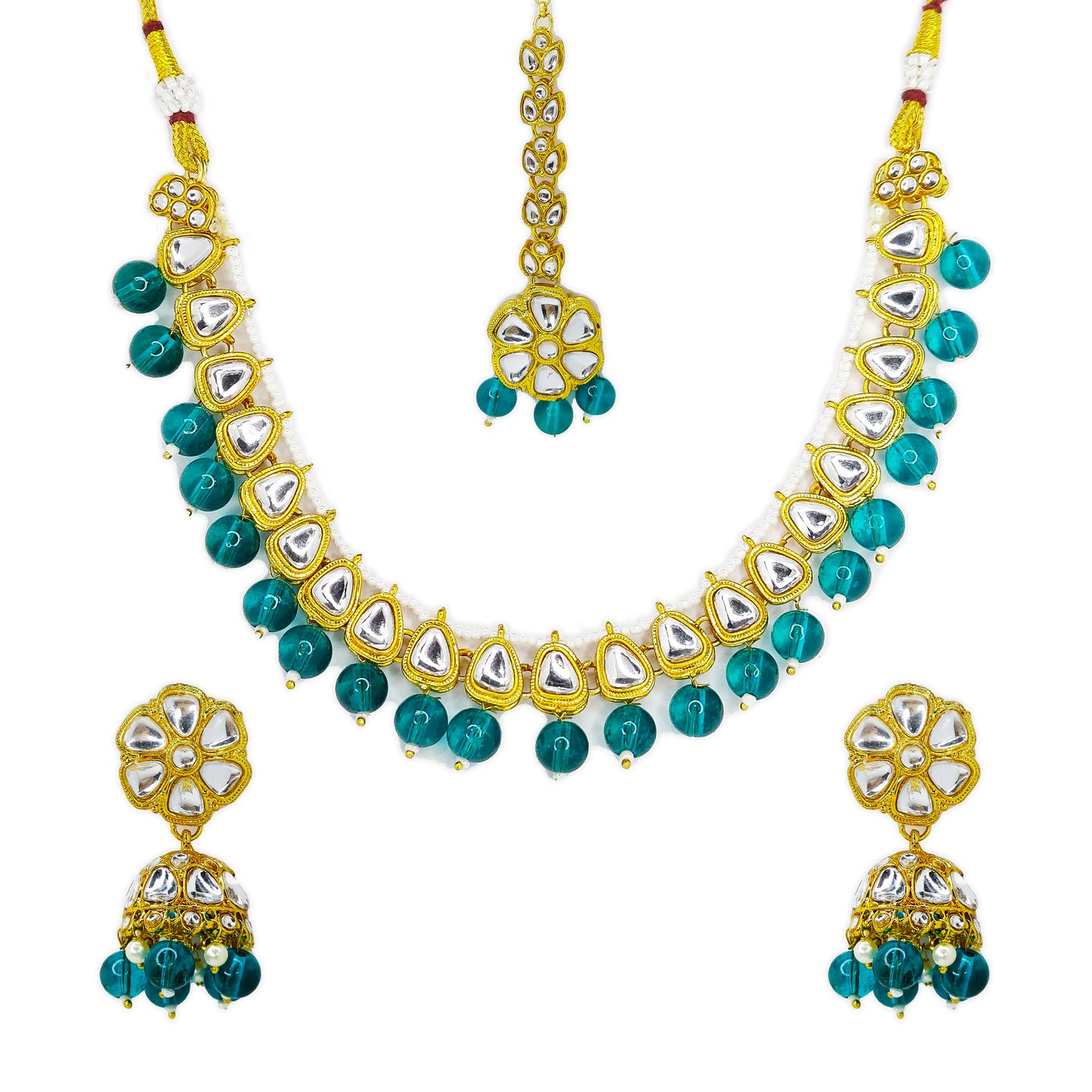 Gold Plated Kundan Beads Cluster Drops Necklace Jewellery Set with Maang Tikka