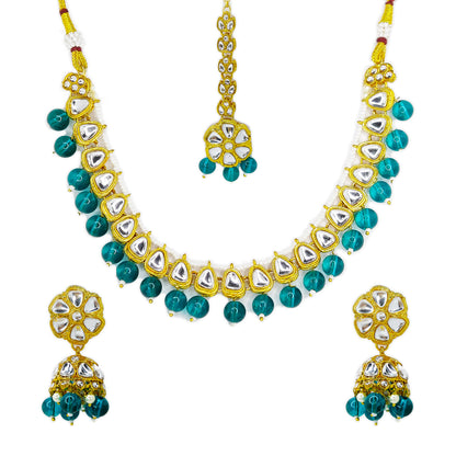 Gold Plated Kundan Beads Cluster Drops Necklace Jewellery Set with Maang Tikka