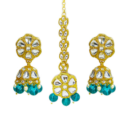 Gold Plated Kundan Beads Cluster Drops Necklace Jewellery Set with Maang Tikka