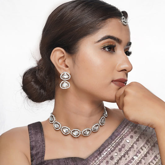 Silver Plated Stunning Kundan Austrian Diamond Necklace Jewellery Set with Maang Tikka