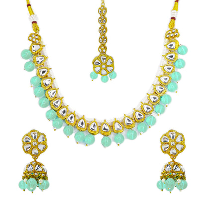 Gold Plated Kundan Beads Cluster Drops Necklace Jewellery Set with Maang Tikka