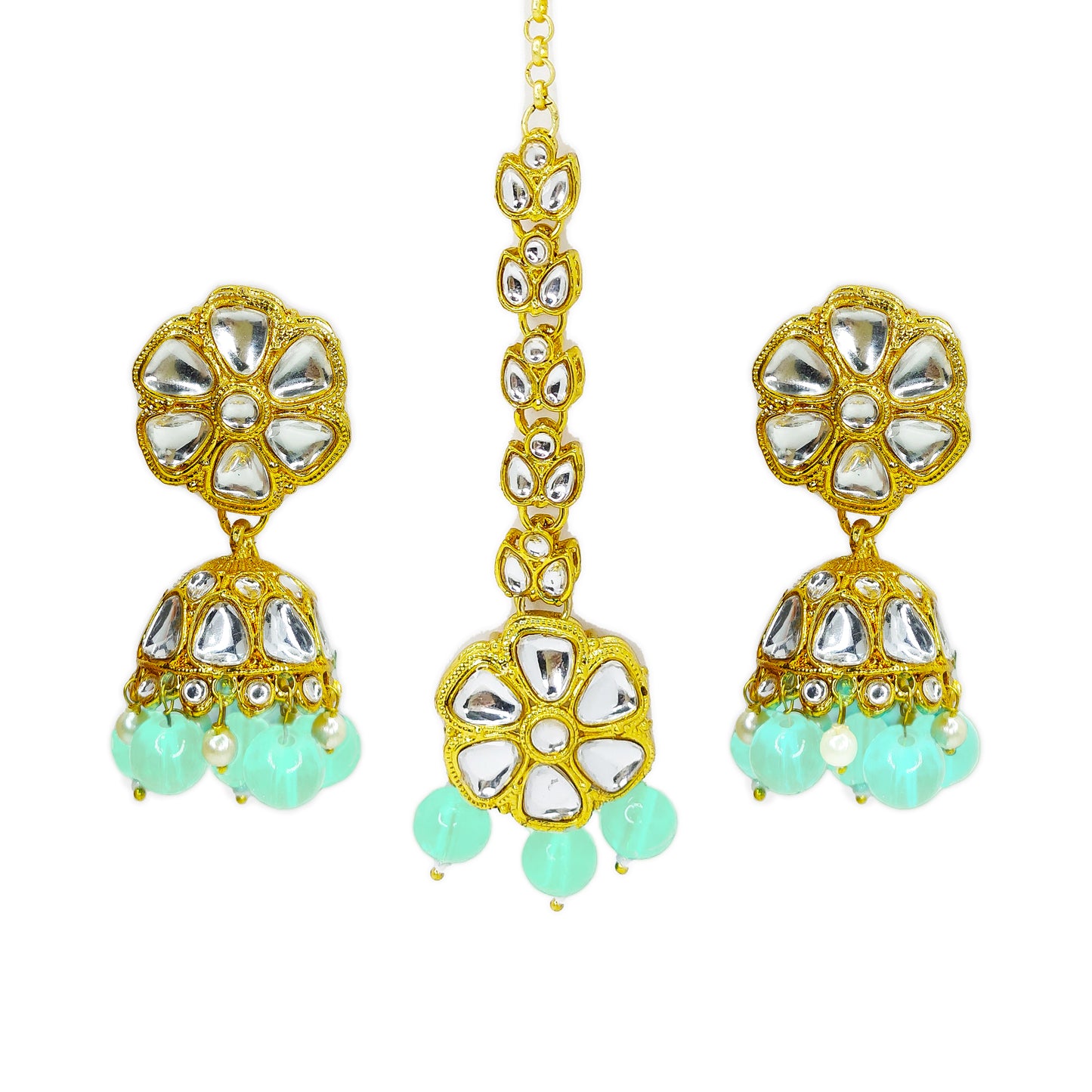 Gold Plated Kundan Beads Cluster Drops Necklace Jewellery Set with Maang Tikka