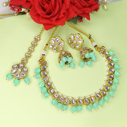 Gold Plated Kundan Beads Cluster Drops Necklace Jewellery Set with Maang Tikka