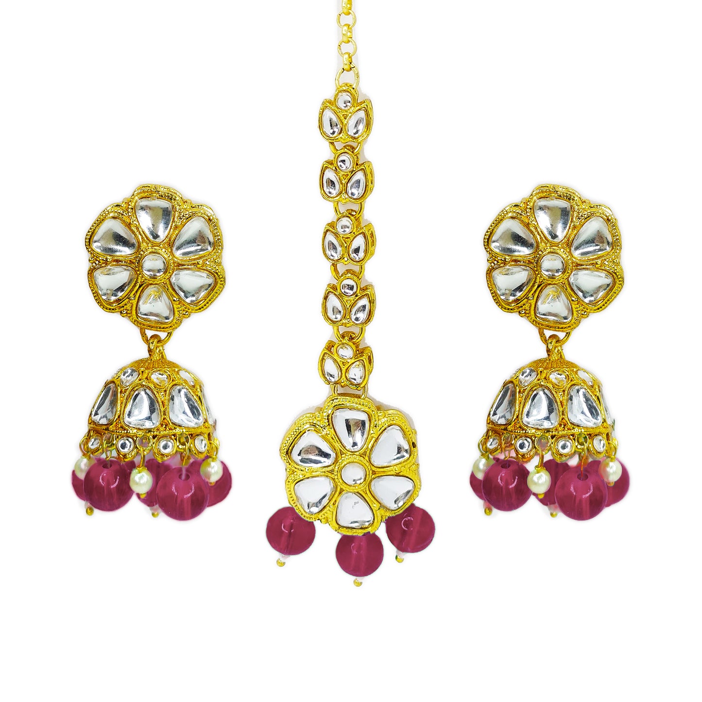 Gold Plated Kundan Beads Cluster Drops Necklace Jewellery Set with Maang Tikka