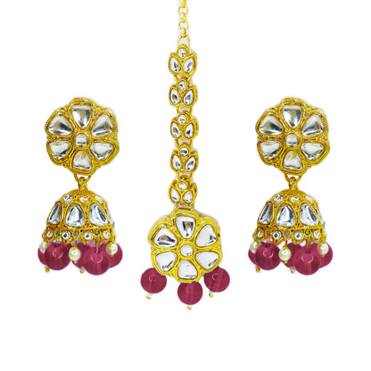 Gold Plated Kundan Beads Cluster Drops Necklace Jewellery Set with Maang Tikka