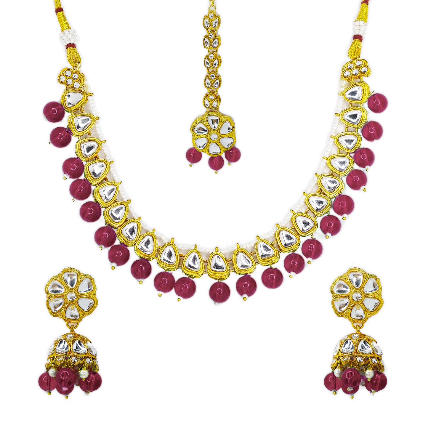 Gold Plated Kundan Beads Cluster Drops Necklace Jewellery Set with Maang Tikka