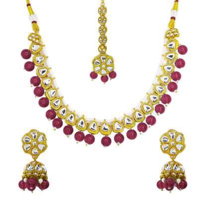 Gold Plated Kundan Beads Cluster Drops Necklace Jewellery Set with Maang Tikka