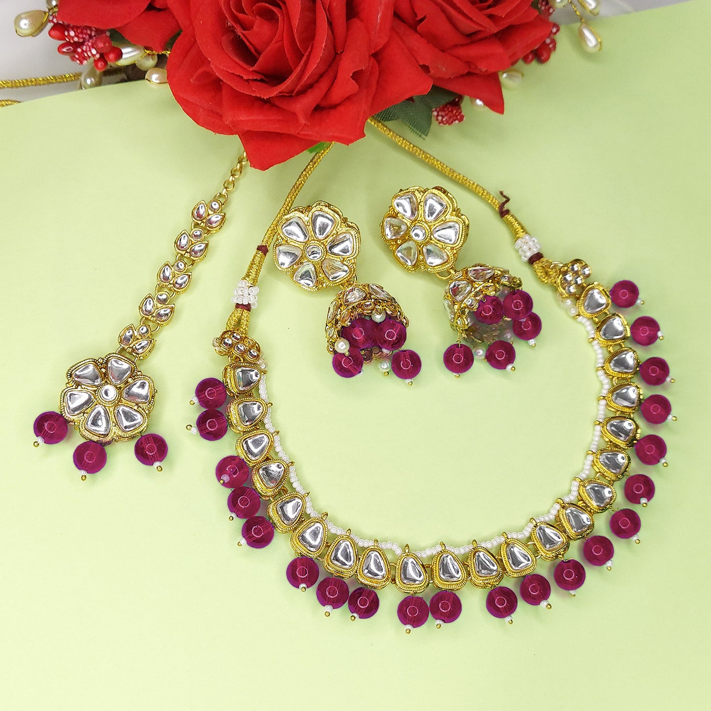 Gold Plated Kundan Beads Cluster Drops Necklace Jewellery Set with Maang Tikka