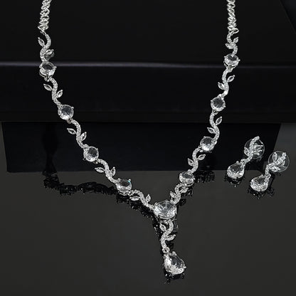 Rhodium Plated Elegant American Diamond Studded Necklace with Earring Jewellery Set