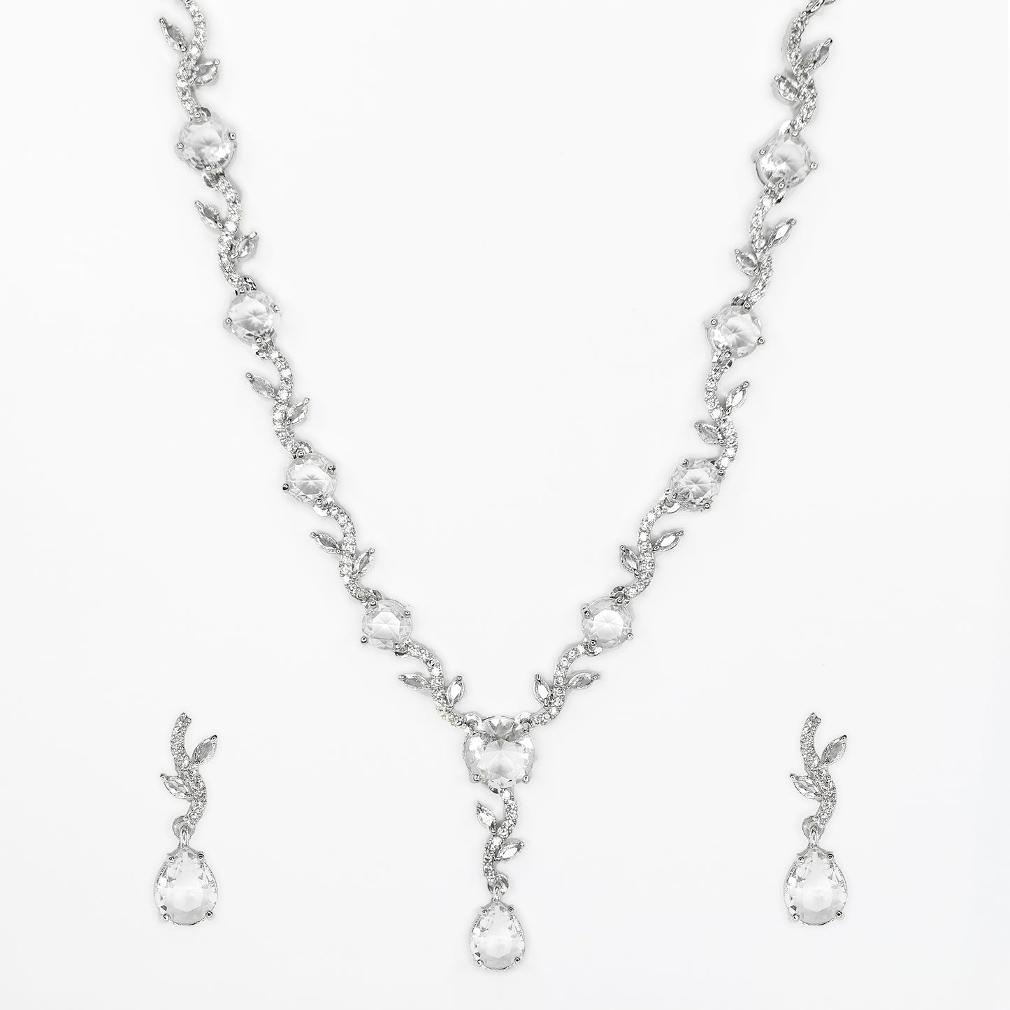 Rhodium Plated Elegant American Diamond Studded Necklace with Earring Jewellery Set