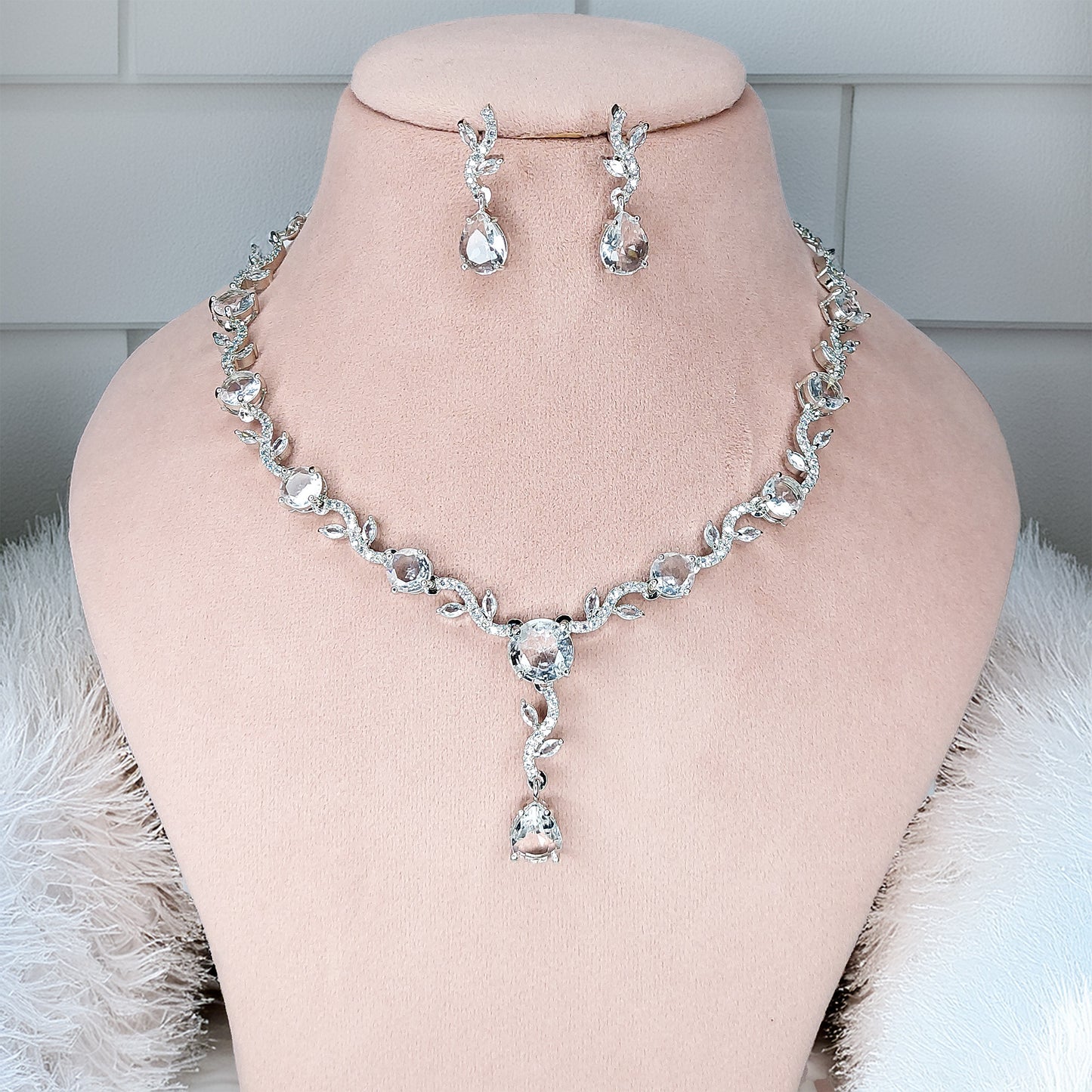 Rhodium Plated Elegant American Diamond Studded Necklace with Earring Jewellery Set