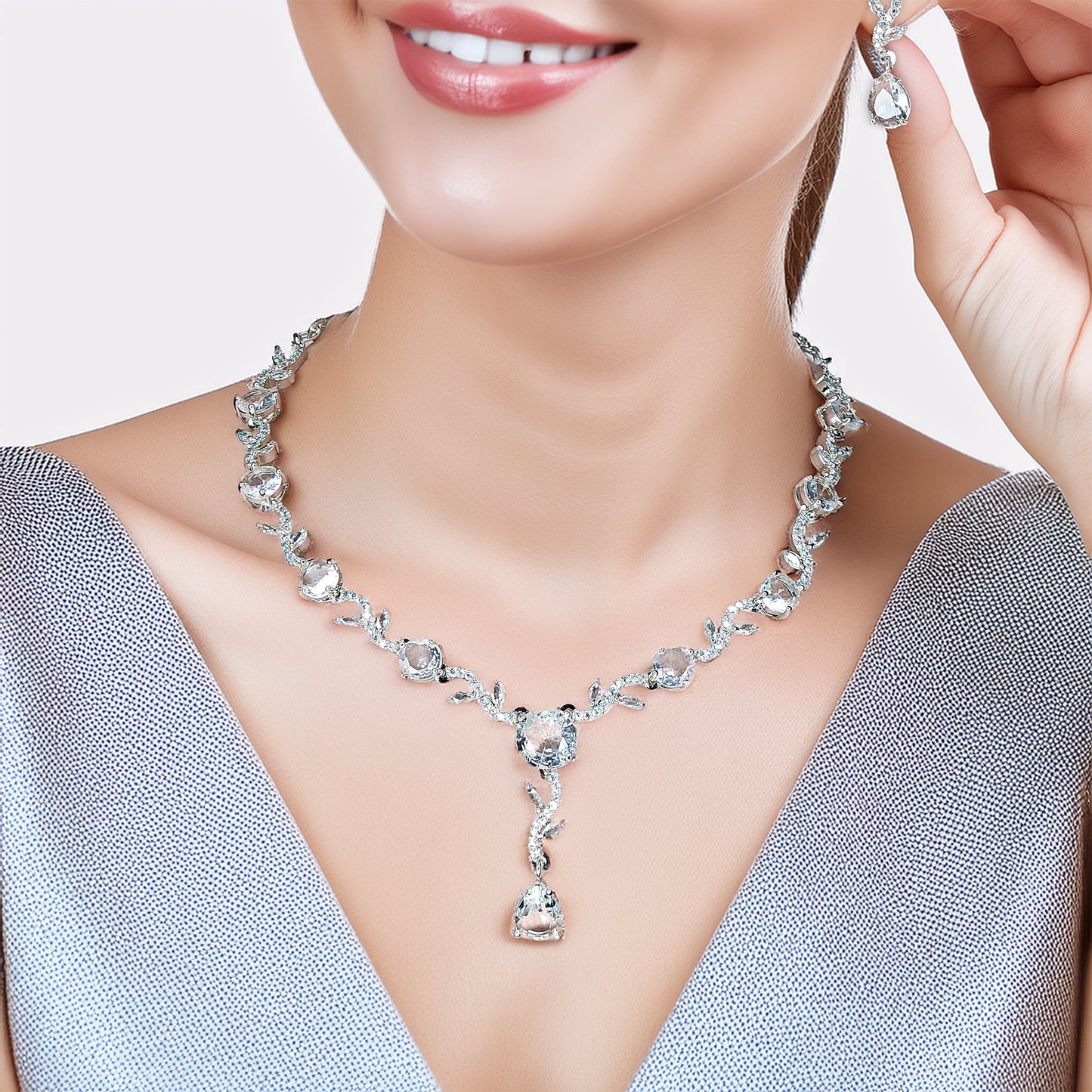 Rhodium Plated Elegant American Diamond Studded Necklace with Earring Jewellery Set