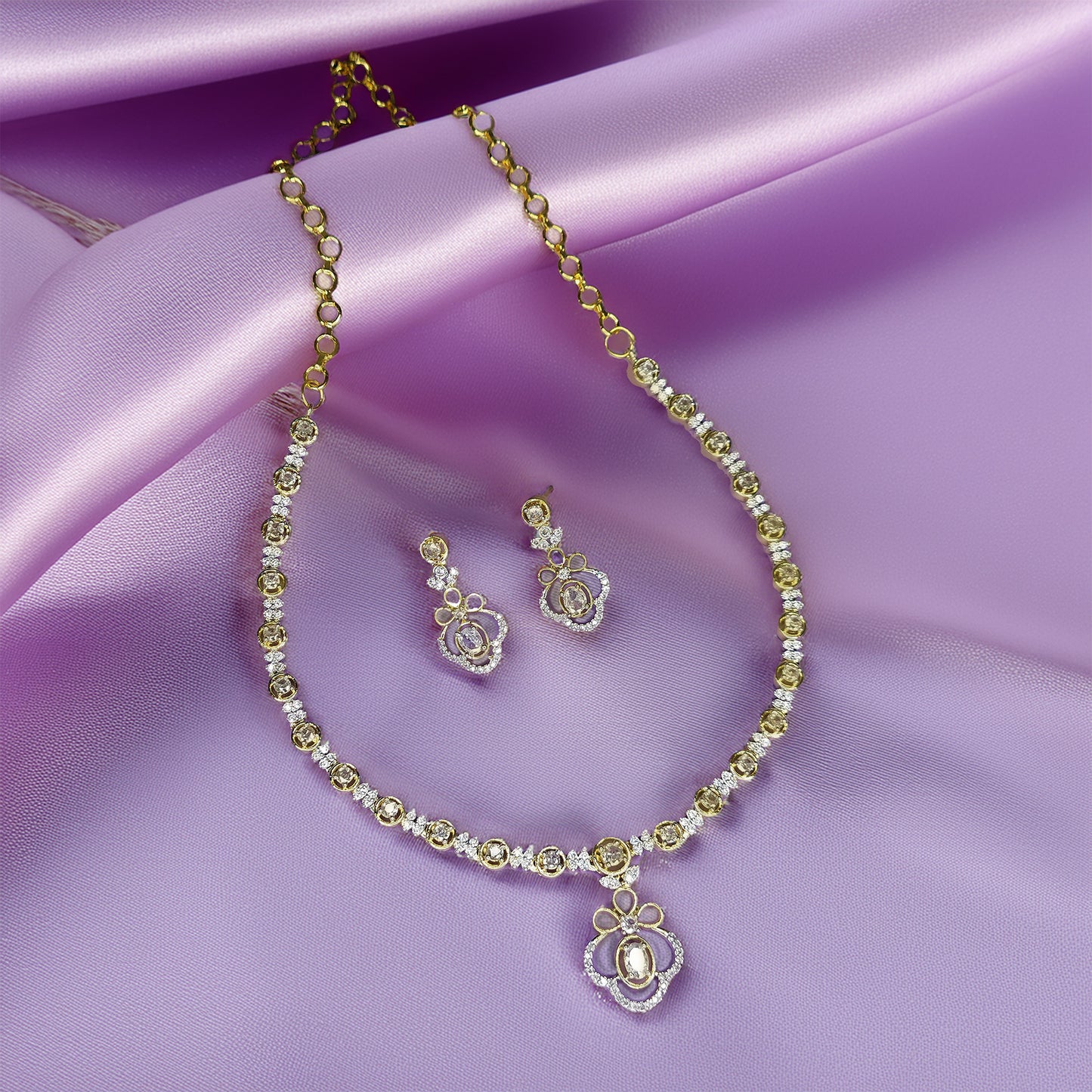 Gold Plated Elegant American Diamond Studded Floral Pendant Necklace with Earring Jewellery Set