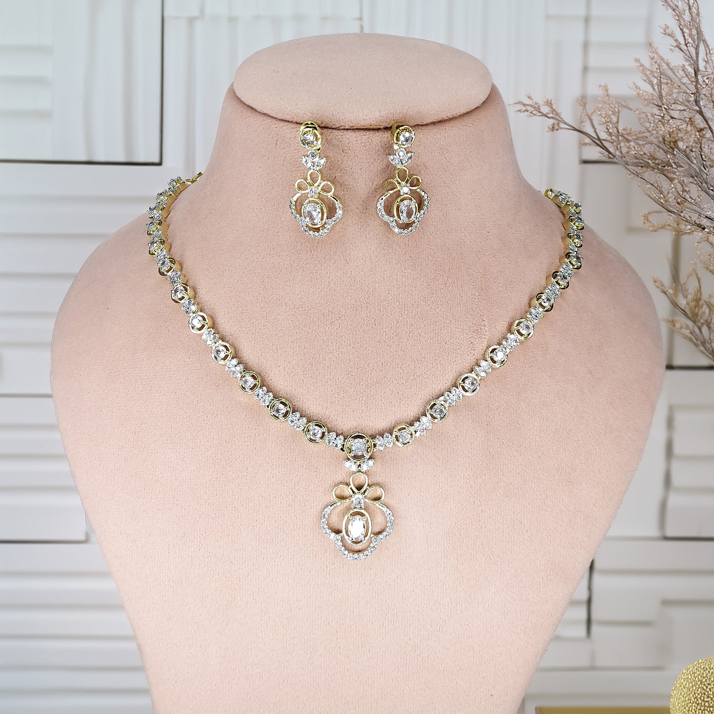 Gold Plated Elegant American Diamond Studded Floral Pendant Necklace with Earring Jewellery Set