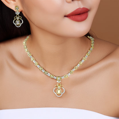 Gold Plated Elegant American Diamond Studded Floral Pendant Necklace with Earring Jewellery Set