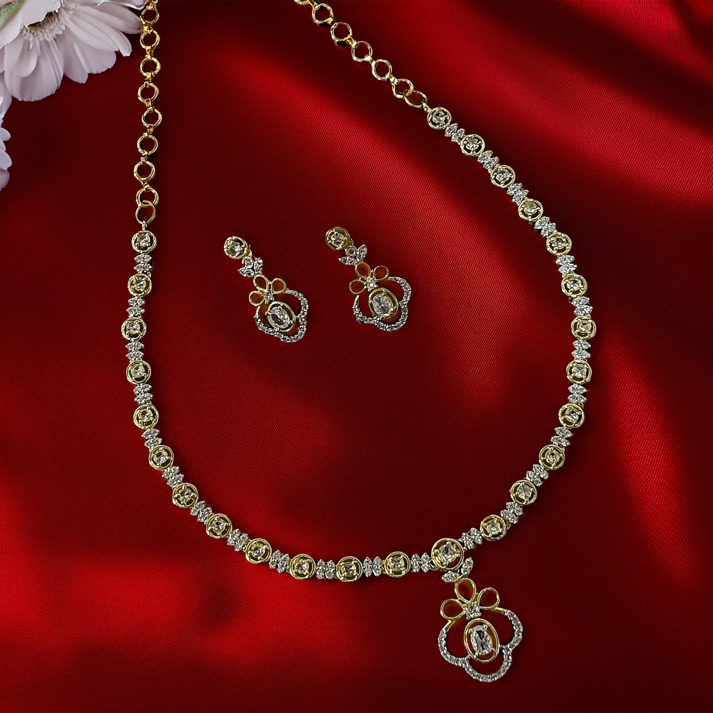 Gold Plated Elegant American Diamond Studded Floral Pendant Necklace with Earring Jewellery Set