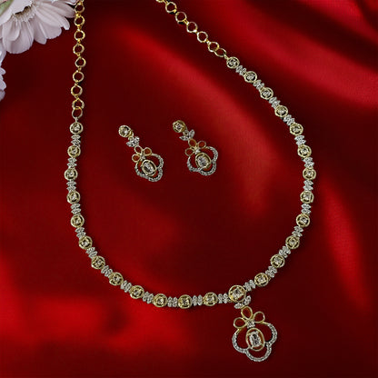 Gold Plated Elegant American Diamond Studded Floral Pendant Necklace with Earring Jewellery Set