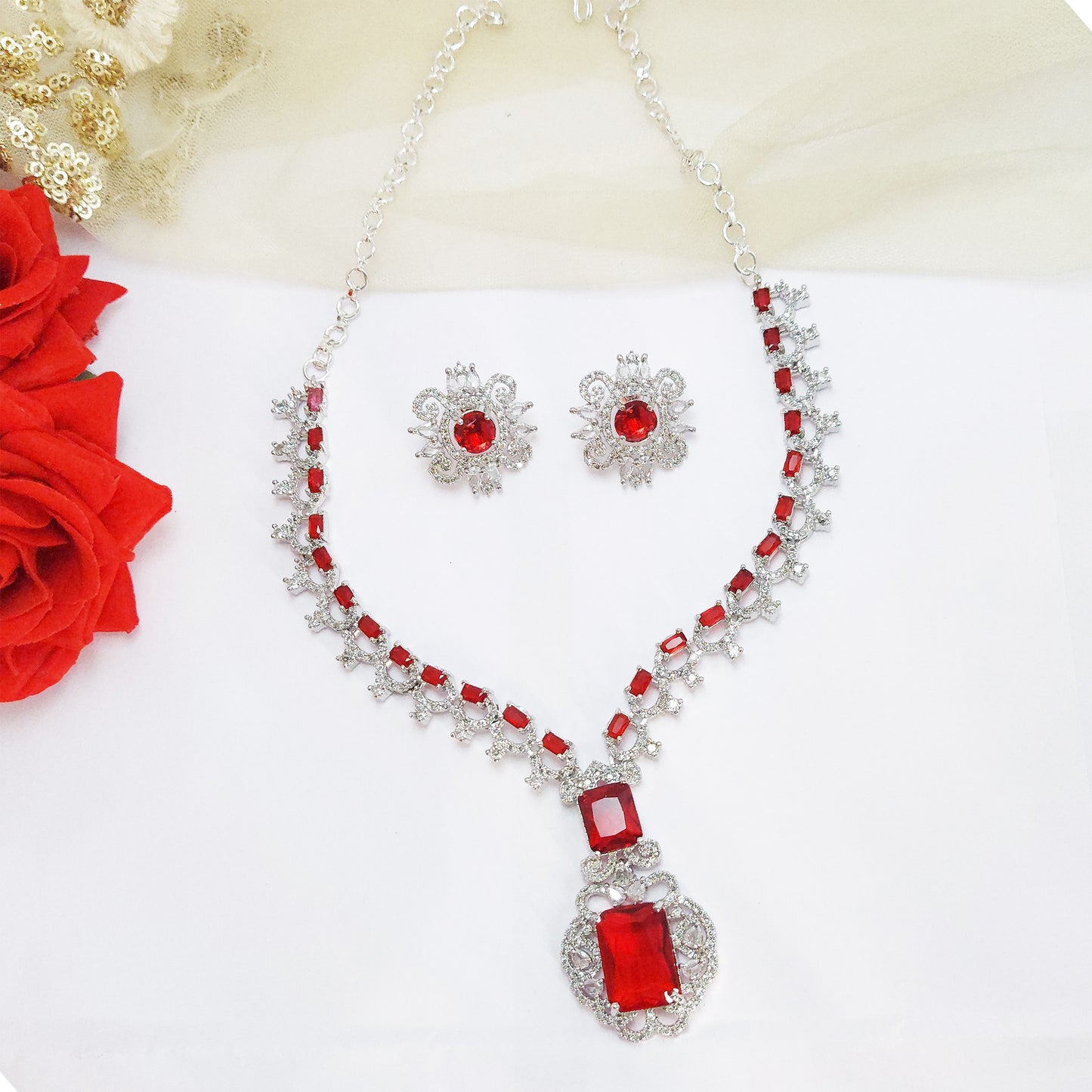 Rhodium Plated Elegant American Diamond Studded Princess Necklace with Earring Jewellery Set