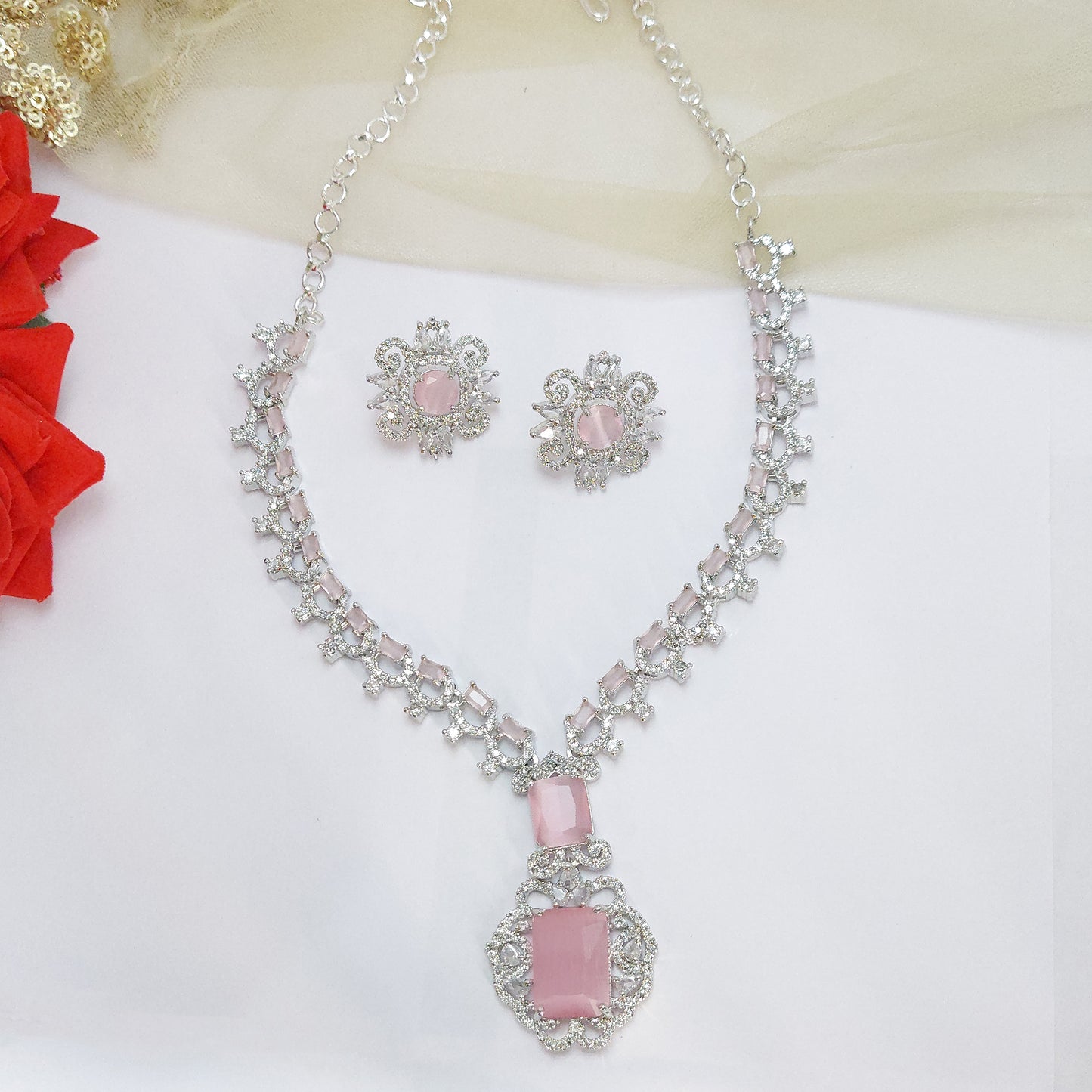 Rhodium Plated Elegant American Diamond Studded Princess Necklace with Earring Jewellery Set