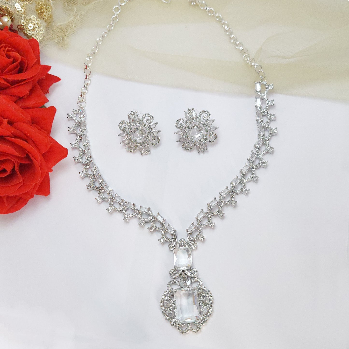 Rhodium Plated Elegant American Diamond Studded Princess Necklace with Earring Jewellery Set