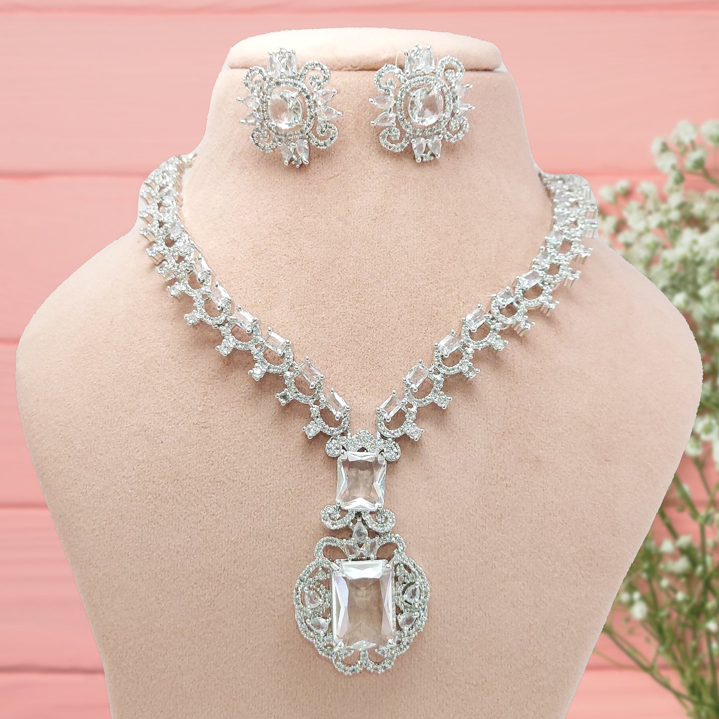 Rhodium Plated Elegant American Diamond Studded Princess Necklace with Earring Jewellery Set