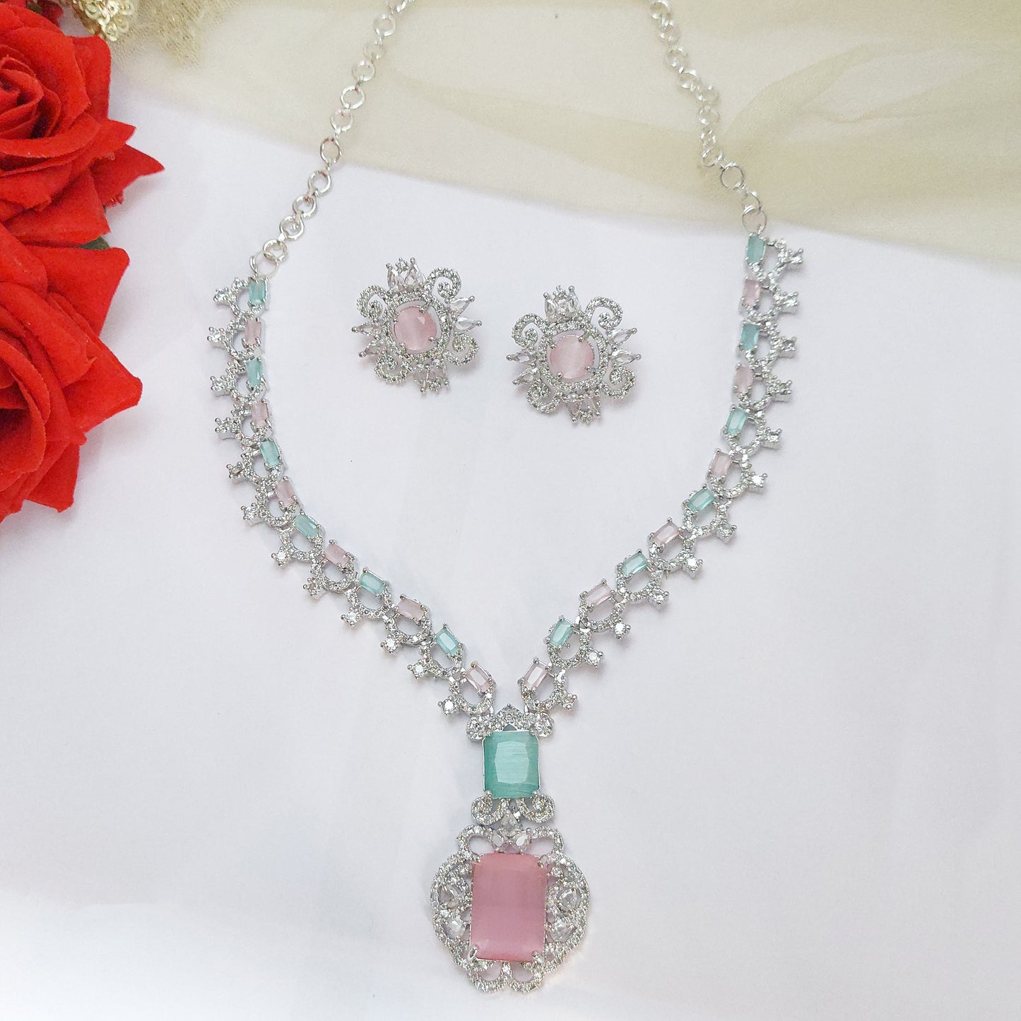 Rhodium Plated Elegant American Diamond Studded Princess Necklace with Earring Jewellery Set