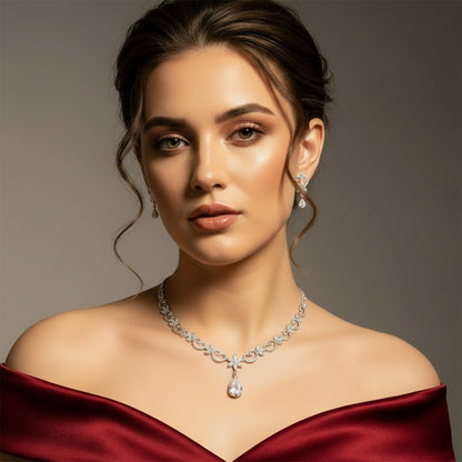 Rhodium Plated Silver Toned Heart Shaped American Diamond Studded Necklace with Earring Jewellery Set