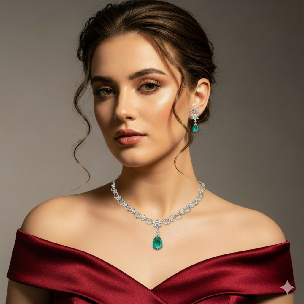 Rhodium Plated Silver Toned Heart Shaped American Diamond Studded Necklace with Earring Jewellery Set