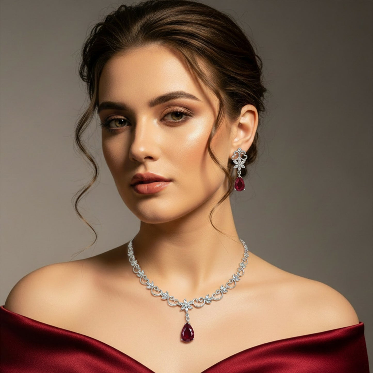 Rhodium Plated Silver Toned Heart Shaped American Diamond Studded Necklace with Earring Jewellery Set