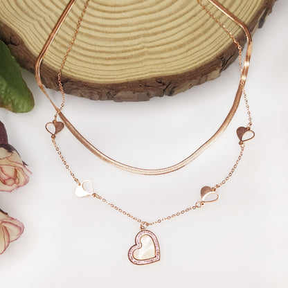 Rose Gold Plated Stylish Anti Tarnish Rhinestones Double Chains MOP Heart Pendant