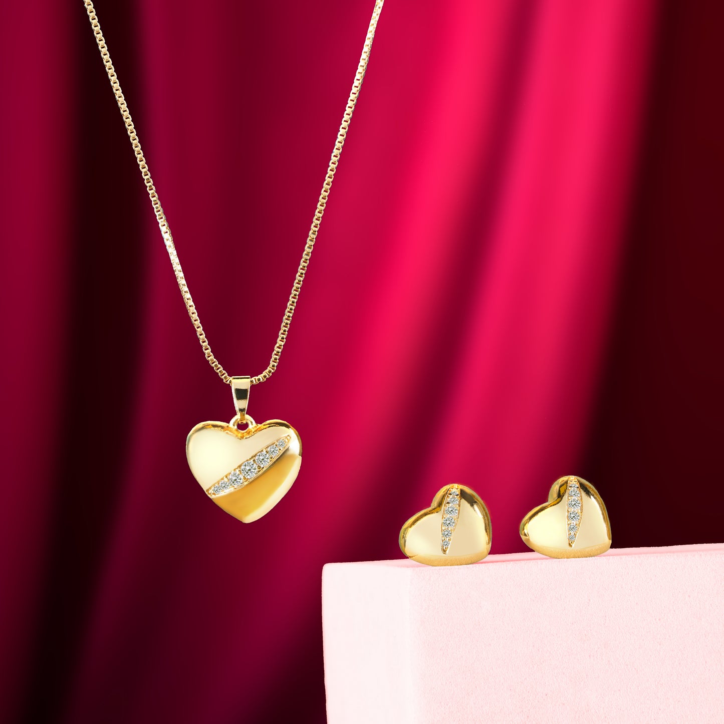 Gold Plated Cubic Zirconia Heart Shaped Trendy Stainless Steel Pendant Set