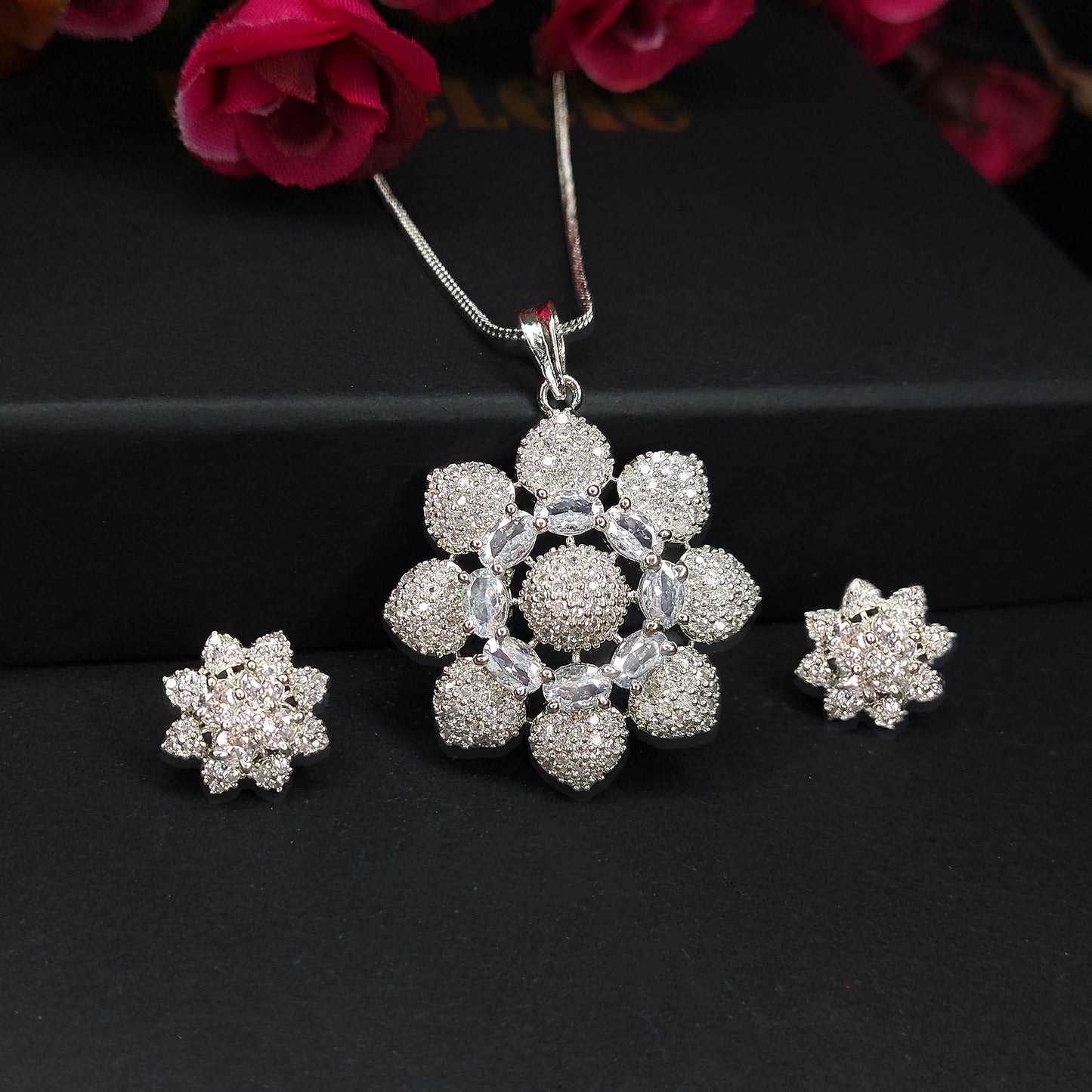 Rhodium Plated Cubic Zirconia Trendy and Fancy Sunflower Pendant Set